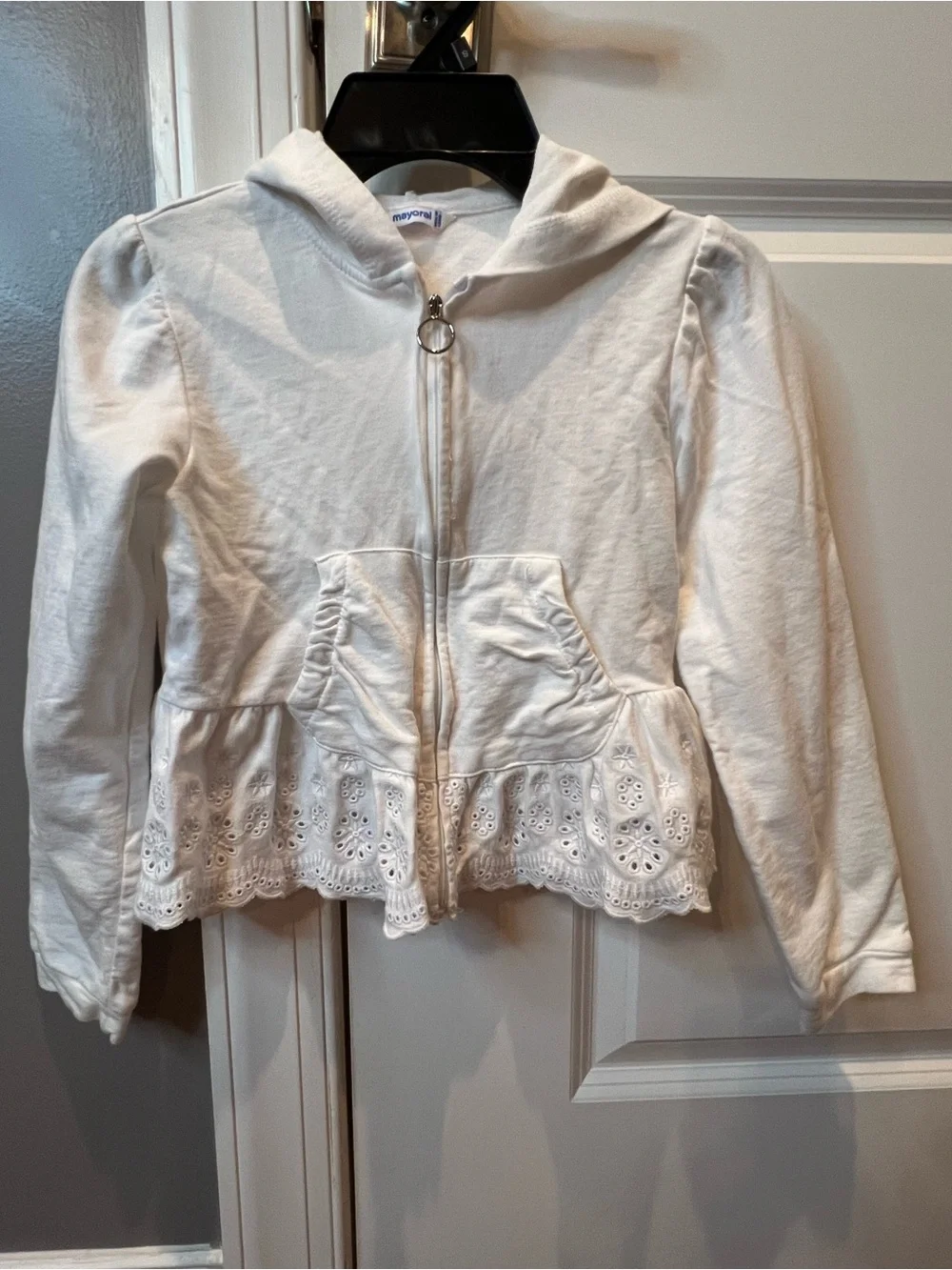Mayoral White Hooded Eyelet-Peplum Zip Jacket